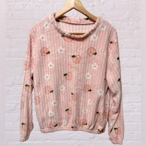 Light pastel pink peach fruit print ribbed pullover mock neck sweater medium